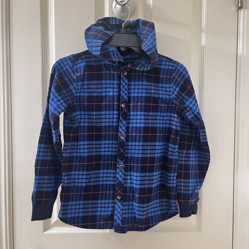 Hanna Andersson Flannel Hooded Button Up Shirt Blue Plaid Boys Size 140 US 10